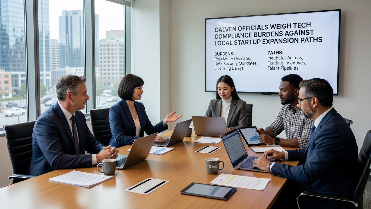 Group of Calven startup founders discussing expansion strategies with compliance advisors