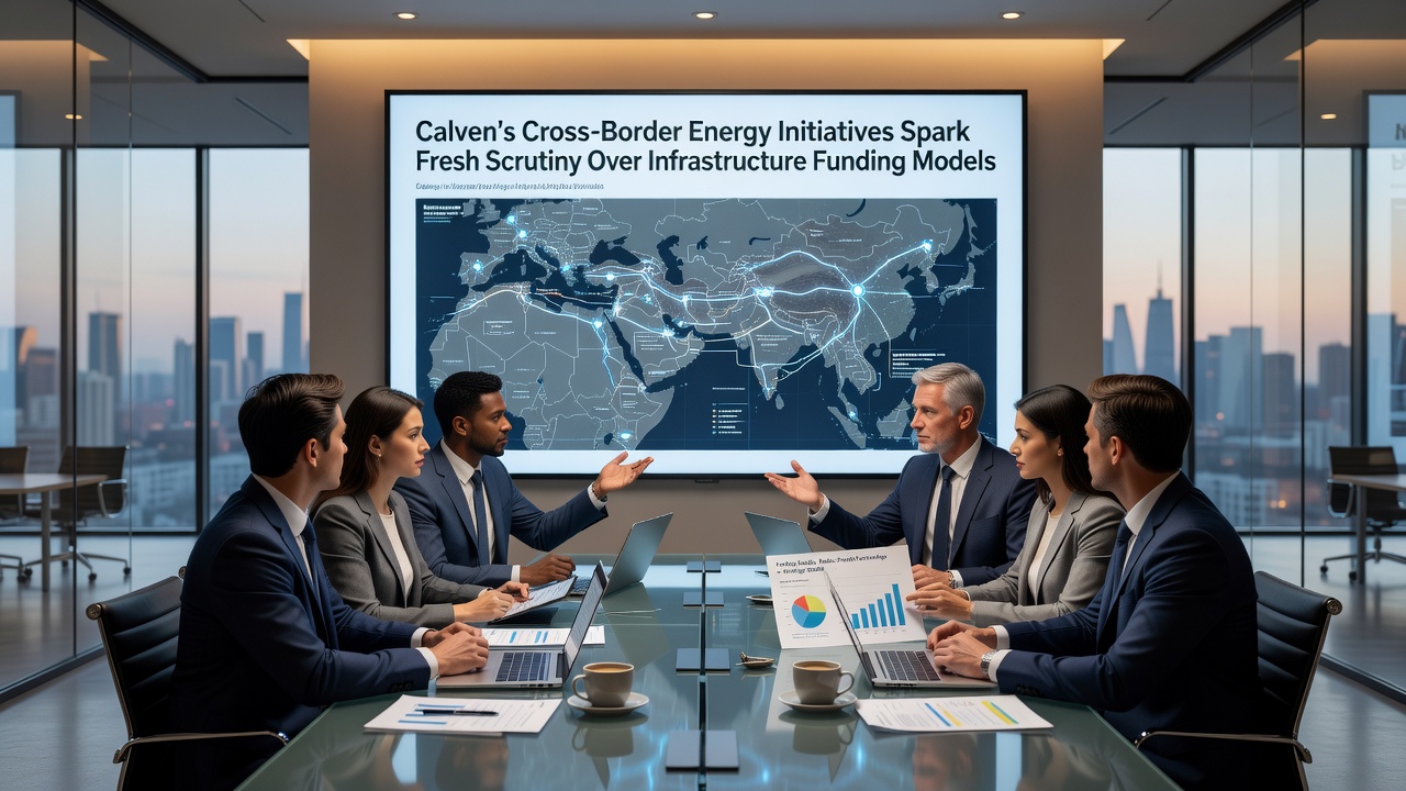 Financial analysts reviewing infrastructure funding documents and maps of European energy corridors